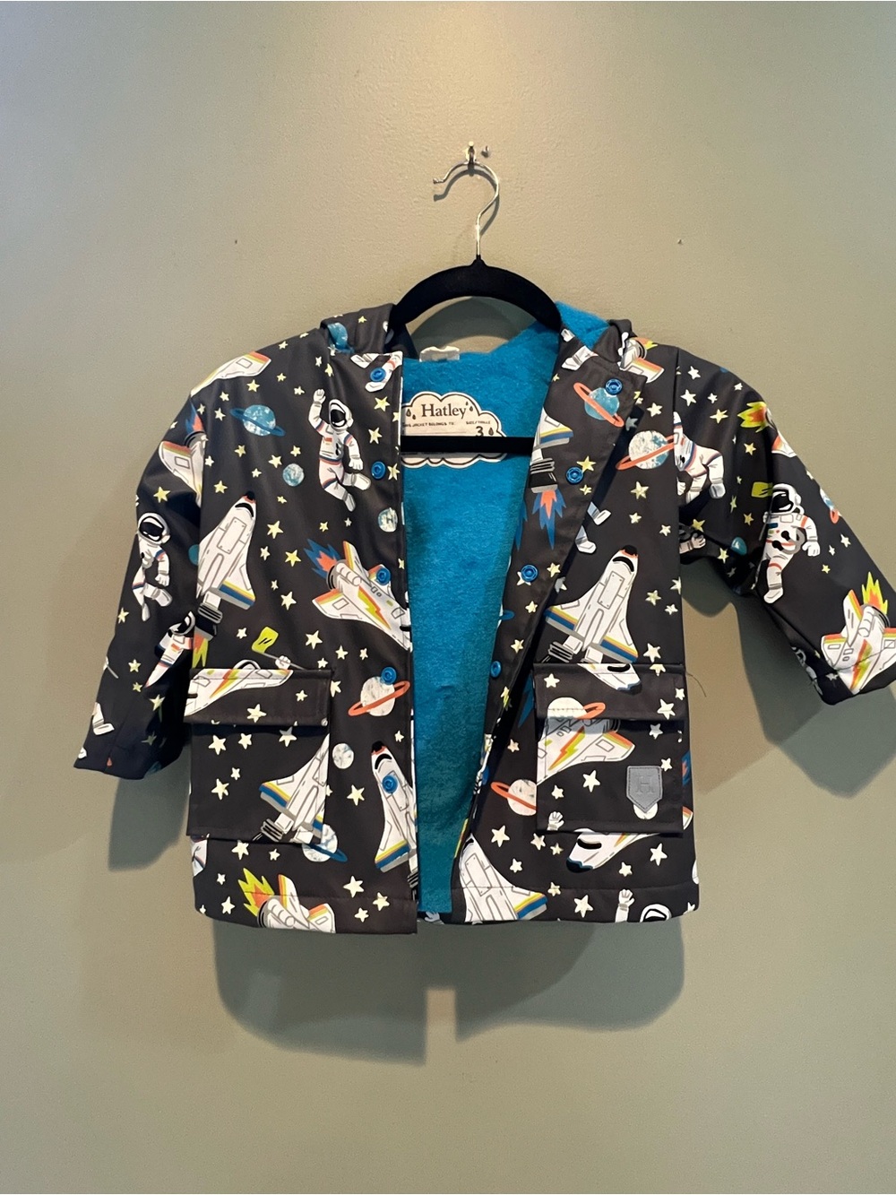 Hatley Kids' Space Rocket Hooded Raincoat - Black with Blue Lining